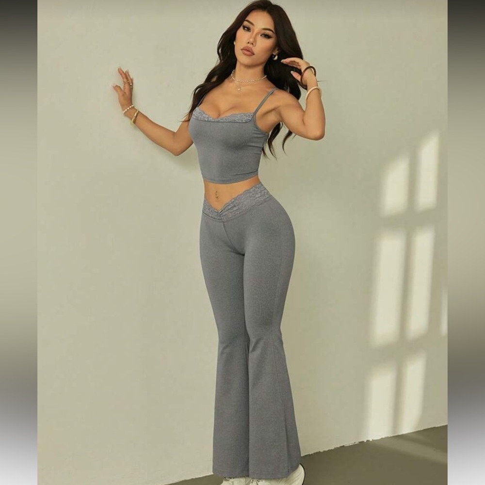 SHEIN PETITE Summer Black Lace and Bell Bottoms Women's Two Piece Set Outfits